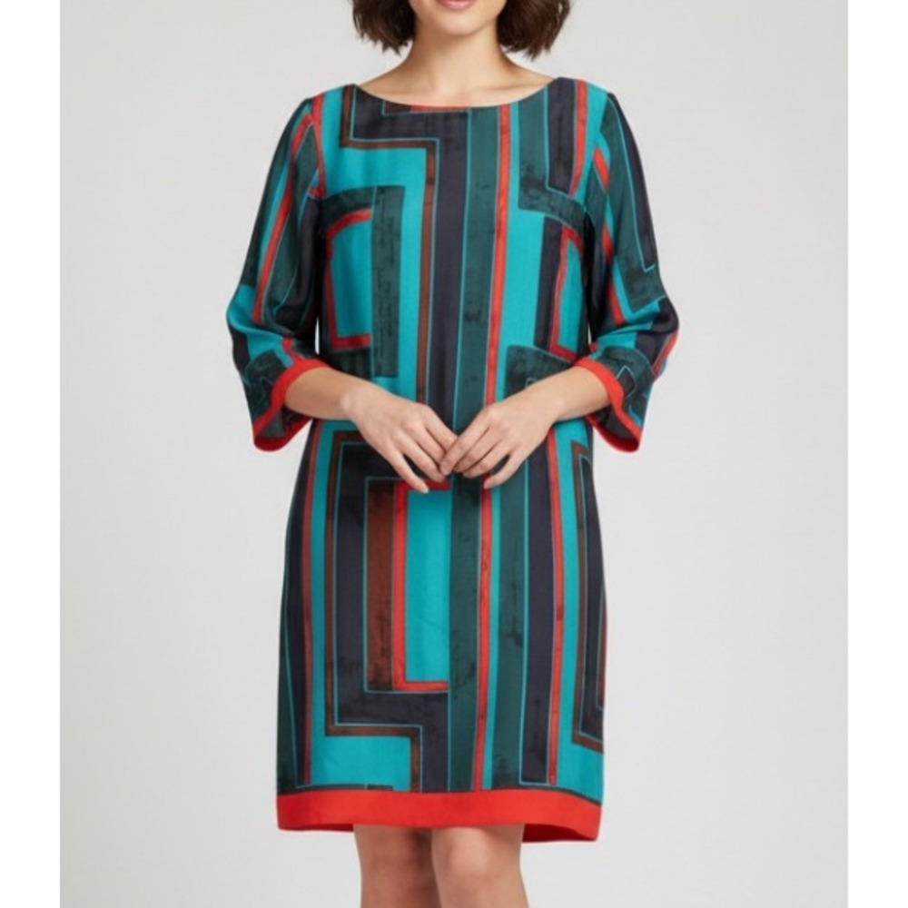 ELIZA J Lined SATIN Teal/Multi GEOMETRIC PATTERN Zip 3/4 SLEEVE Shift Dress Sz 8